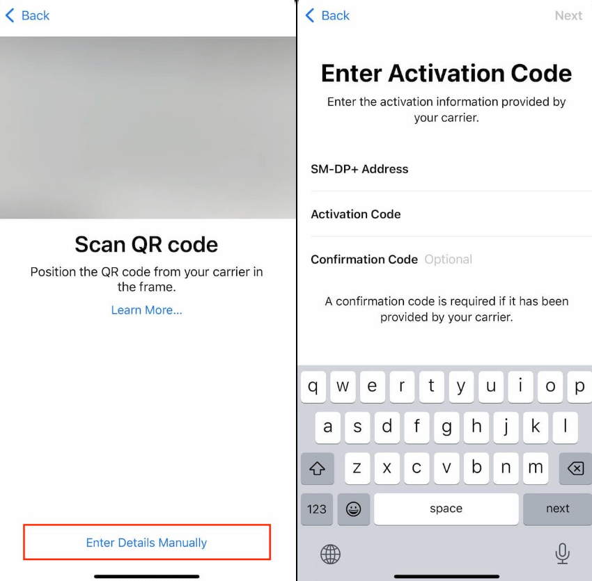 Enter the SM-DP Address and the eSIM Activation Code